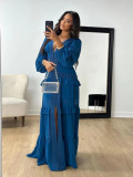 Solid Long Sleeve Elegant Patchwork V-neck Maxi Dress