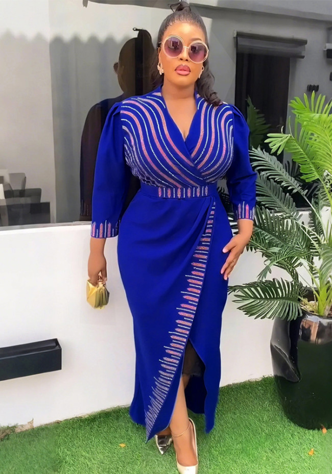 Rhinestone V-Neck Wholesale 3/4 Sleeve Chic Africa Plus Size Long Dress