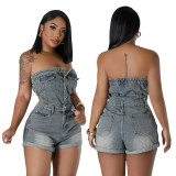 Wholesale Casual Strapless Slim Denim Rompers