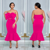Women Bow Decor Strapless Mermaid Midi Dress