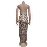 Women Leopard Print Halter Backless Slim Maxi Dress