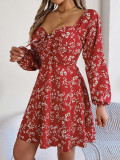 Sexy Tie Front Square Neck Floral Long Sleeve A-Line Short Dress