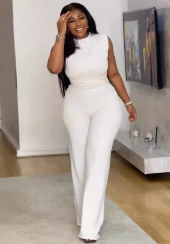 Sexy Solid Sleeveless Ruched Wide-leg Jumpsuit