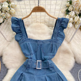 Fashion Ruffled Straps Denim A-Line Short Dress