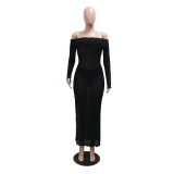 Solid Off Shoulder Slit Sexy See-Through Bodycon Long Dress With Pantie