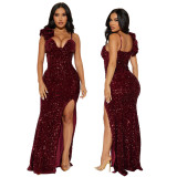 Wholesale Dress Solid Strap Sexy Sequin Slit Maxi Evening Dress
