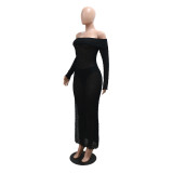 Solid Off Shoulder Slit Sexy See-Through Bodycon Long Dress With Pantie