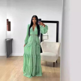 Solid Long Sleeve Elegant Patchwork V-neck Maxi Dress
