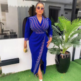 Rhinestone V-Neck Wholesale 3/4 Sleeve Chic Africa Plus Size Long Dress