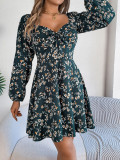 Sexy Tie Front Square Neck Floral Long Sleeve A-Line Short Dress