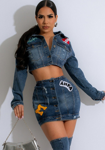 Trendy Embroidery Stretchy Short Jacket and Skirt Denim 2 piece Set