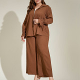 Plus Size Brown Casual Long Sleeve Wide Leg Two-piece Pants Set