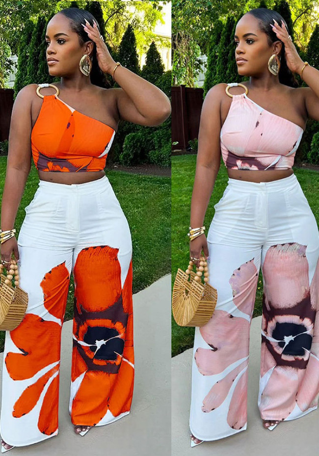 Printed One-Shoulder Crop Top Wide-Leg Pants 2 Piece Set