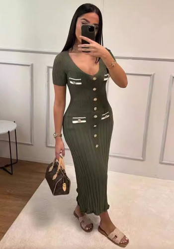 Contrast Knitting Short Sleeve V-neck Button Trim Elegant Long Dress