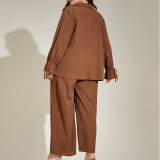 Plus Size Brown Casual Long Sleeve Wide Leg Two-piece Pants Set