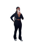 Solid Sports Casual Three-Piece Set Cropped Jacket Tank Top High Waist Bell Bottom Pants
