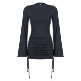 Solid Ribbed Bell Bottom Long-Sleeve Drawstring Ruched Dress
