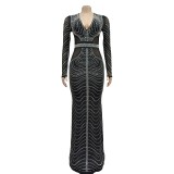 Women Long Sleeve Plunge Neck Sexy Rhinestone  Party Evening Dress