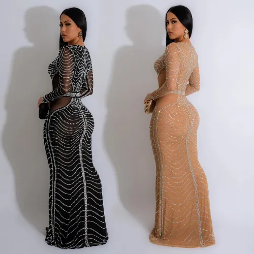 Women Long Sleeve Plunge Neck Sexy Rhinestone  Party Evening Dress