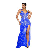 Wholesale Rhinestone V-Neck Straps Backless Slit Maxi Club Dress