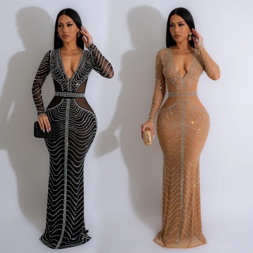 Women Long Sleeve Plunge Neck Sexy Rhinestone  Party Evening Dress