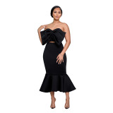 Women Bow Decor Strapless Mermaid Midi Dress
