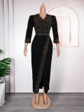 Rhinestone V-Neck Wholesale 3/4 Sleeve Chic Africa Plus Size Long Dress