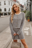 Women Knitting Cardigan Striped Top and Skirt Casual Two-Piece Set