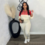 Colorblock 1/2 Zipper Long Sleeve Drawstring Short Sweatshirt and Tight Pants Set Casual Sweatsuit