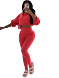 Sexy Drawstring Short Jacket and High Waist Pants 2 piece Set