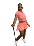 Sports Casual Two Piece Set Turndown Collar Button Short Sleeve Top Pleated Skirt