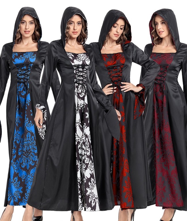 Halloween Adult Womens Role Play Court Dress Palace Retro Dress Long Sleeve Hooded Print Cosplay Dress
