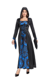 Halloween Adult Womens Role Play Court Dress Palace Retro Dress Long Sleeve Hooded Print Cosplay Dress