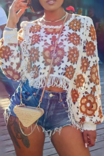 Casual Boho Loose Contrast Tassel Hollow Out Top