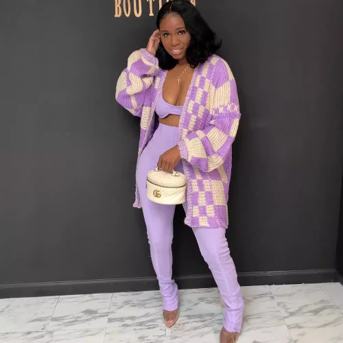 Contrast Plaid Loose Latern Sleeve Knitting Long Cardigan Sweater