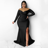 Plus Size Sexy Dress Nightclub Long Sleeve V-Neck Solid Split Long Party Dress