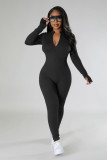 Sports Solid Zipper Long Sleeve Tight Jumpsuit