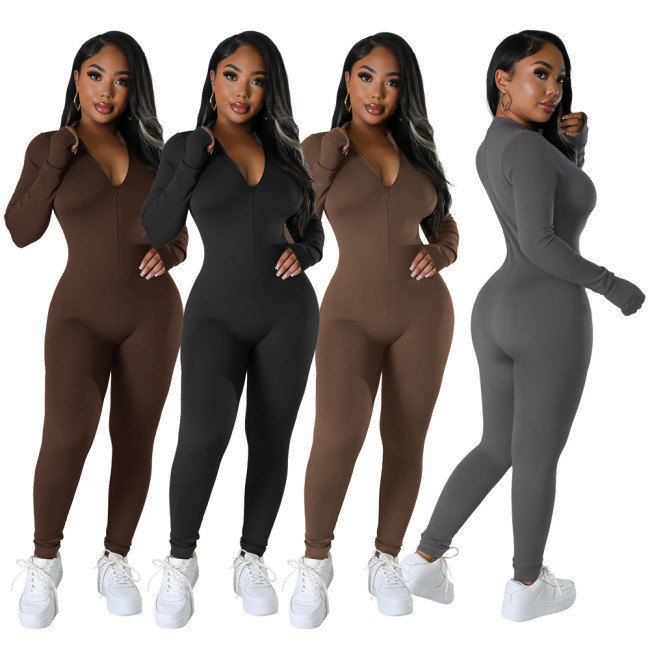 Sports Solid Zipper Long Sleeve Tight Jumpsuit