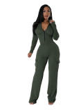 Wholesale High Waist Zipper Bodysuit and Cargo Pants Two Pieces Set