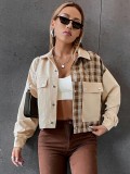Women Loose Casual Lapel Coat Plaid Patchwork Short Jacket