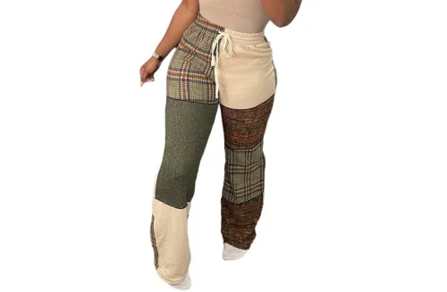 Fashion Patchwork Plaid Wide Leg Casual Pants