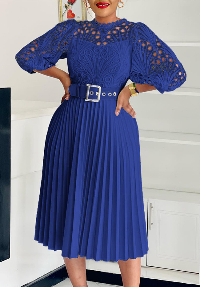 Solid Hollow Out Lace Bodice Pleated Dress with Belt