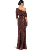 Sequin Slash Shoulder Half Sleeve Evening Dress