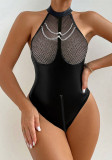 Black Mesh Pu-Leather Sexy Teddy Lingerie