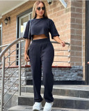 Round Neck short Sleeve Crop Top and Pants 2 piece set
