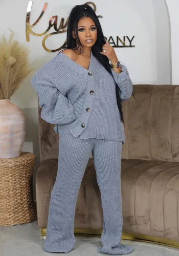 Fall/Winter Knitting Sweater 2-piece Set Solid V-neck Button Top and Wide-leg Pants