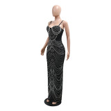 Sexy Strap Rhinestone Beaded Long Evening Dress