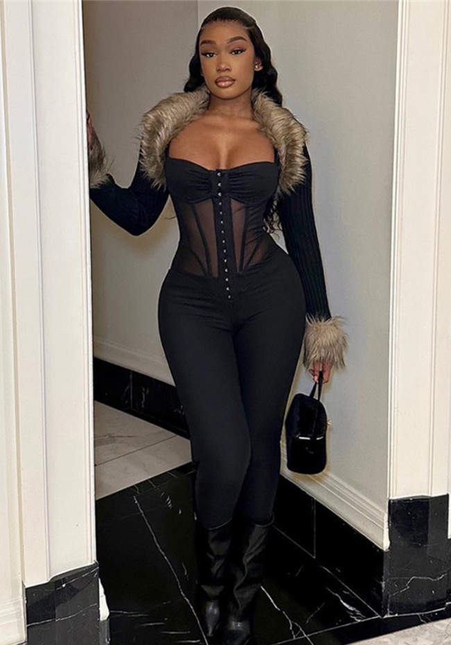 Fashion Straps Sexy See-Through Patchwork Slim Jumpsuit