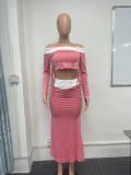 Sexy 2PCS Set Off Shoulder Solid Long Sleeve Contrast Crop Top and Skirt