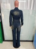 Long Sleeve Denim Stretchy Button Betled Bell Bottom Jumpsuit